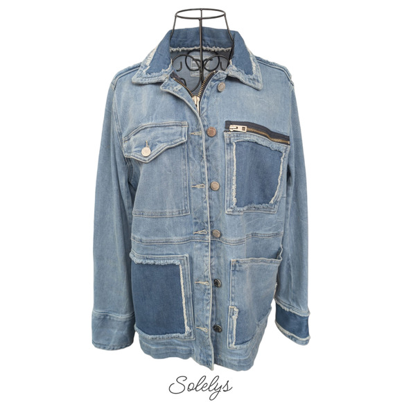 Zadig & Voltaire Kick Destroy Distressed Pocket Patchwork Blue Jean Denim Jacket - Picture 10 of 11